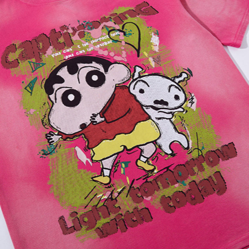 Nostalgia T Shirts Vintage Cartoon Graffiti Tie-Dye Old Short Sleeve T-Shirt