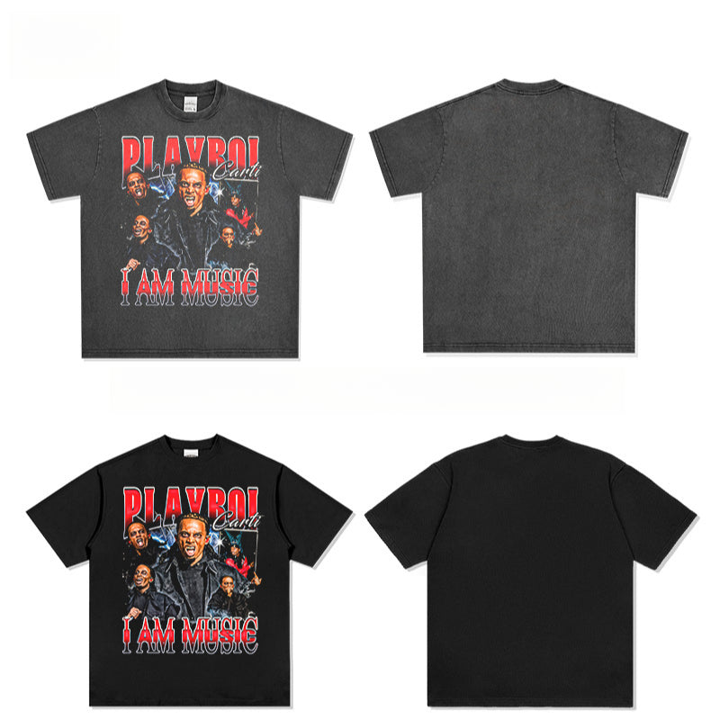 Outfit streetwear retro hip hop Playbois Carti print short sleeve t-shirt