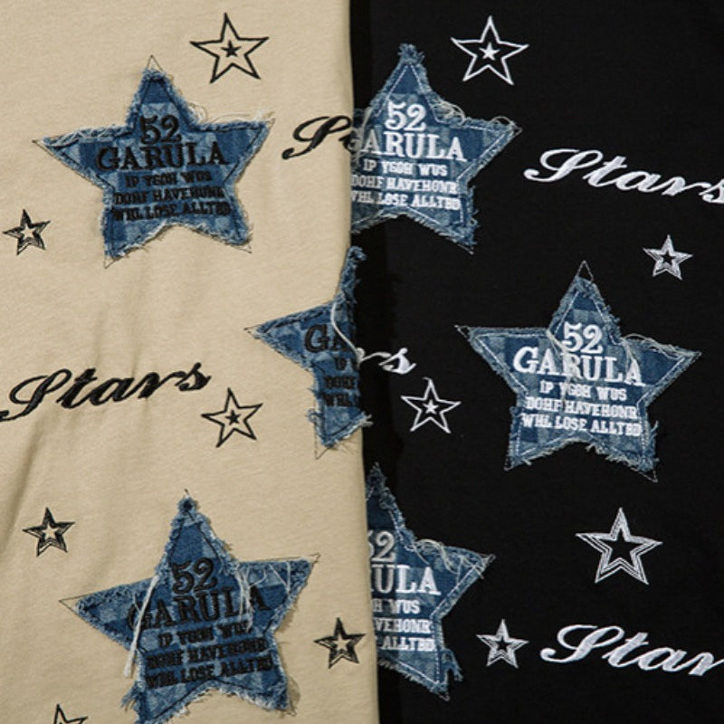Vintage T Shirts Hip Hop Star Denim Patch Embroidered Long Sleeve T-Shirt