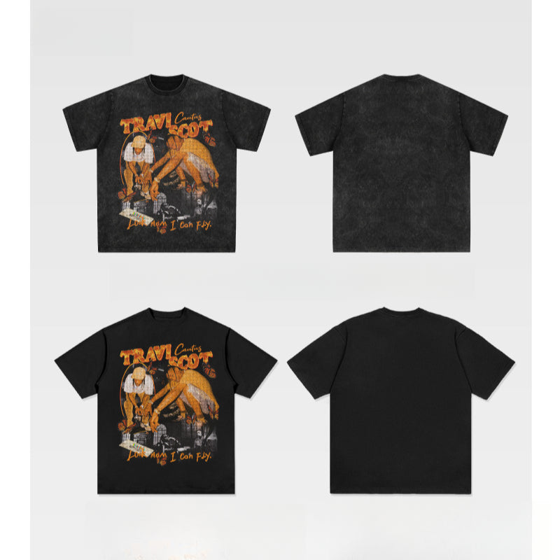 New york hip hop shop BC hip hop rap Travis Scott TS print short sleeve washed old t-shirt