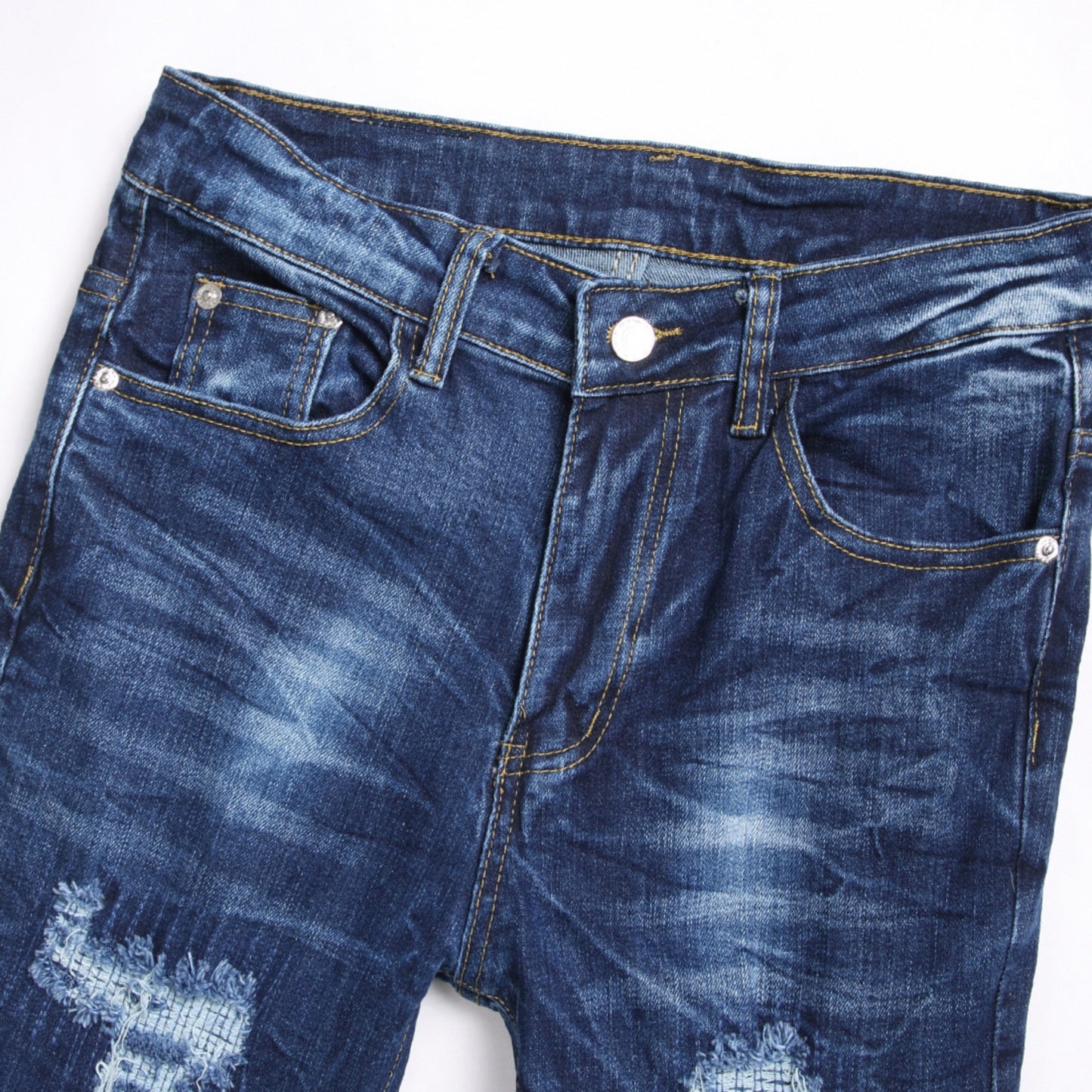 1990 Fashion Jeans Blue Ripped Embroidered Straight Jeans