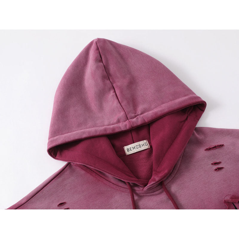 Streetwear Hoodie embroidery gradual change color hooded sweater vintage washed do old ripped hoodie