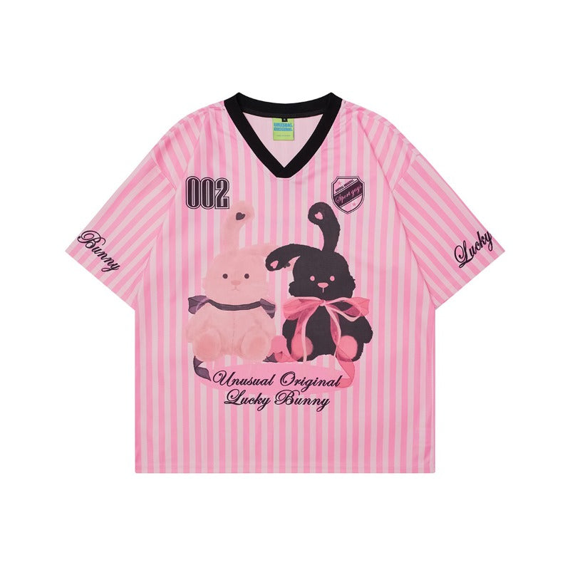 90s West Coast Hip Hop Fashion T Shirts Fun Rabbit Print Jersey Loose Sports Short Sleeve T-Shirt Men