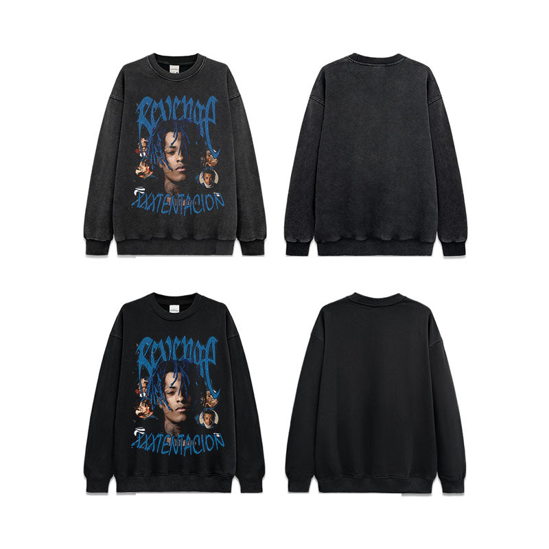 Streetwear masculino hip hop XXX Tentacion vintage print crew neck sweater