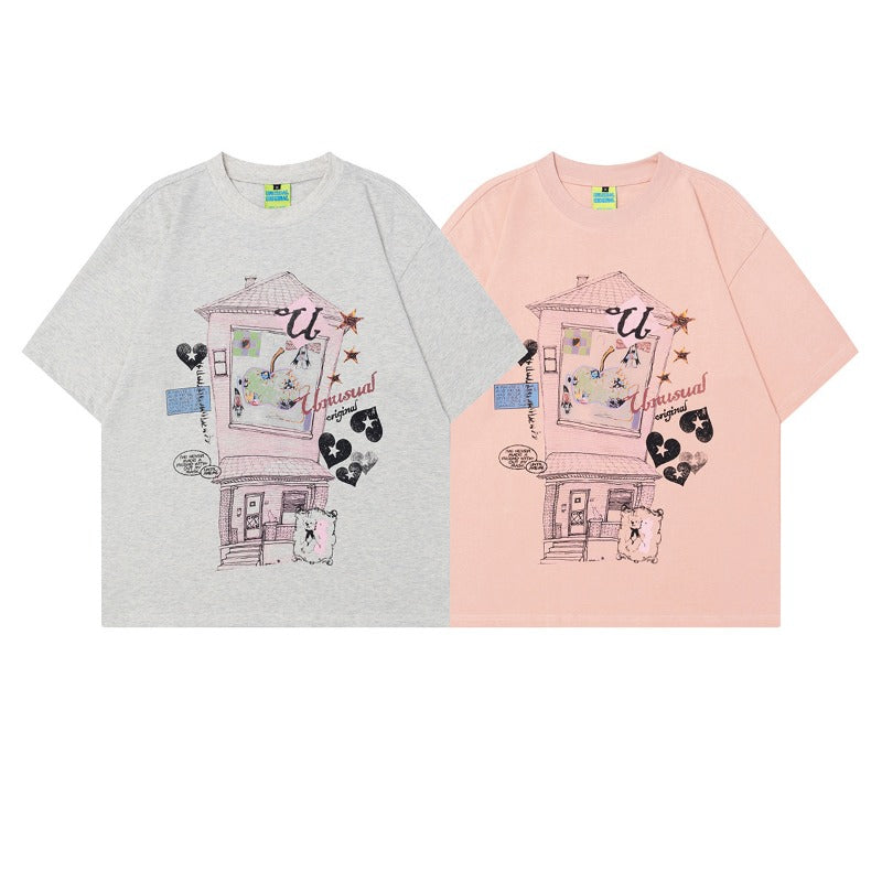 90s West Coast Hip Hop Fashion T Shirts Pink Bear Home Short Sleeve T-Shirt
