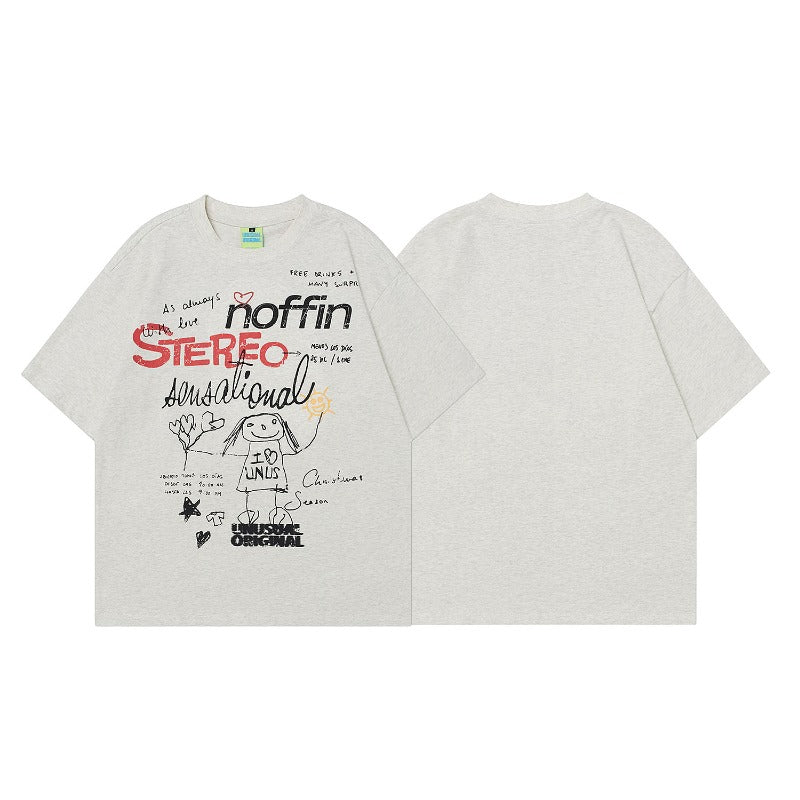 90s West Coast Hip Hop Fashion T Shirts Summer Couple Shoulder Loose Short Sleeve T-Shirt