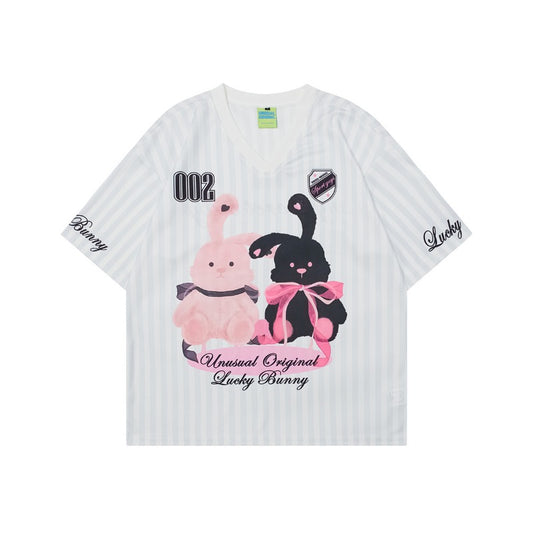 90s West Coast Hip Hop Fashion T Shirts Fun Rabbit Print Jersey Loose Sports Short Sleeve T-Shirt Men