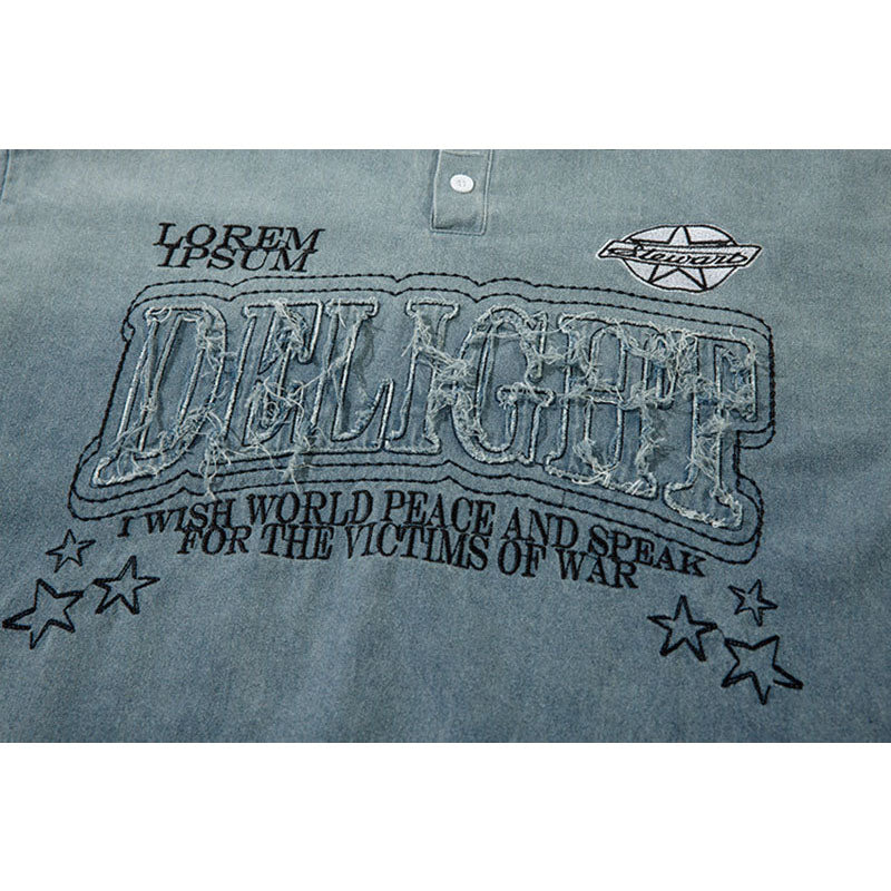 Marcas De Streetwear Washed Old POLO Shirt Loose Denim Long Sleeve T-Shirt