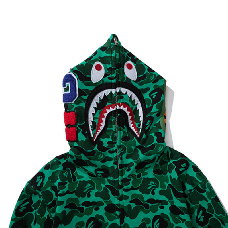 Ape Hoodie Shark Dark Green Camo Fleece Hooded Cardigan Sweater Jacket