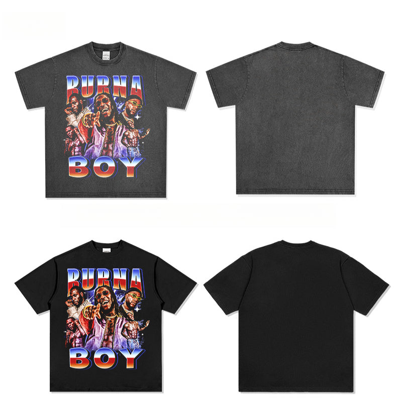 Streetwear masculino vintage hip hop Burna Boy print short sleeve t-shirt