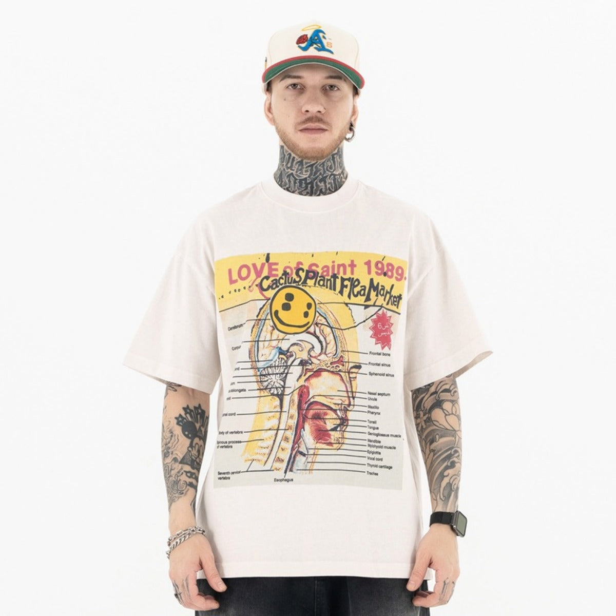 Vintage College Shirts Summer, Casual, Smiley Pattern Short Sleeve T-Shirt