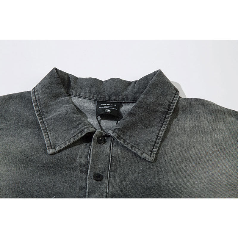 Marcas De Streetwear Denim Lapel POLO Shirt Loose Oversize Washed Long Sleeve T-Shirt
