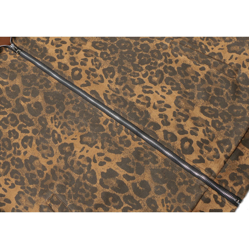 Streetwear Hoodie Vintage Leopard Sweater Loose Zip Stand-Up Jacket
