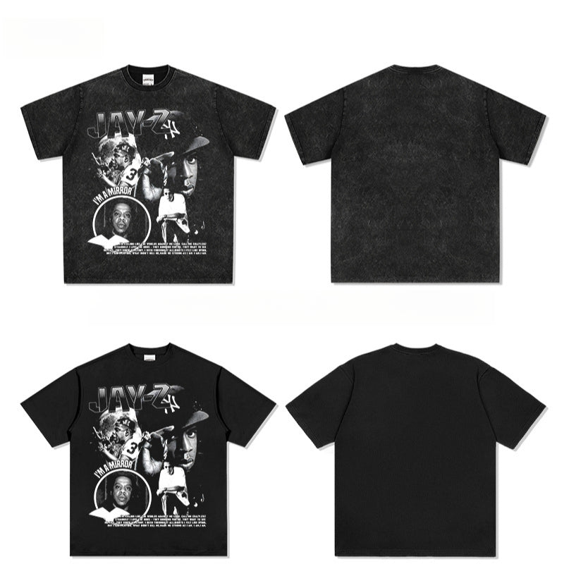 Streetwear masculino Jay-Z print hip-hop short-sleeved T-shirt retro washed old loose top