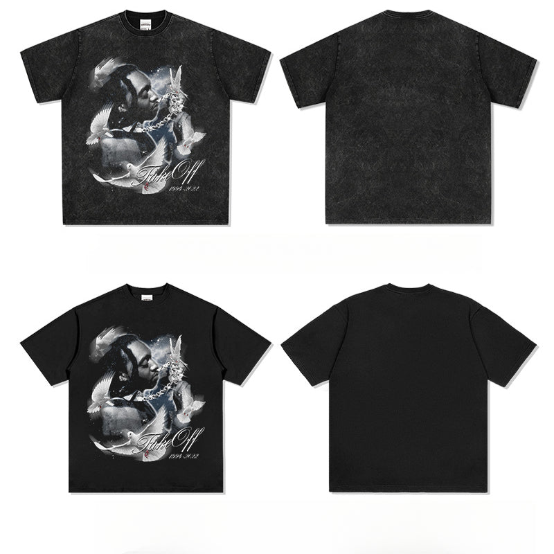 Cool t rapper rap takeoff print hip hop short sleeve retro wash do old t-shirt