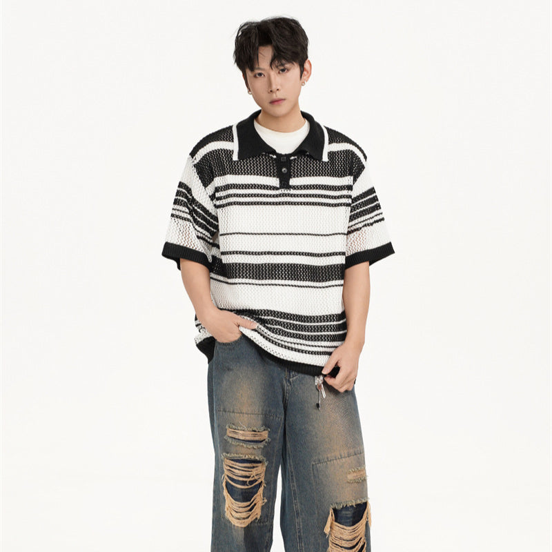 Camisas Retros Lapel Striped Contrast Knitted Vest
