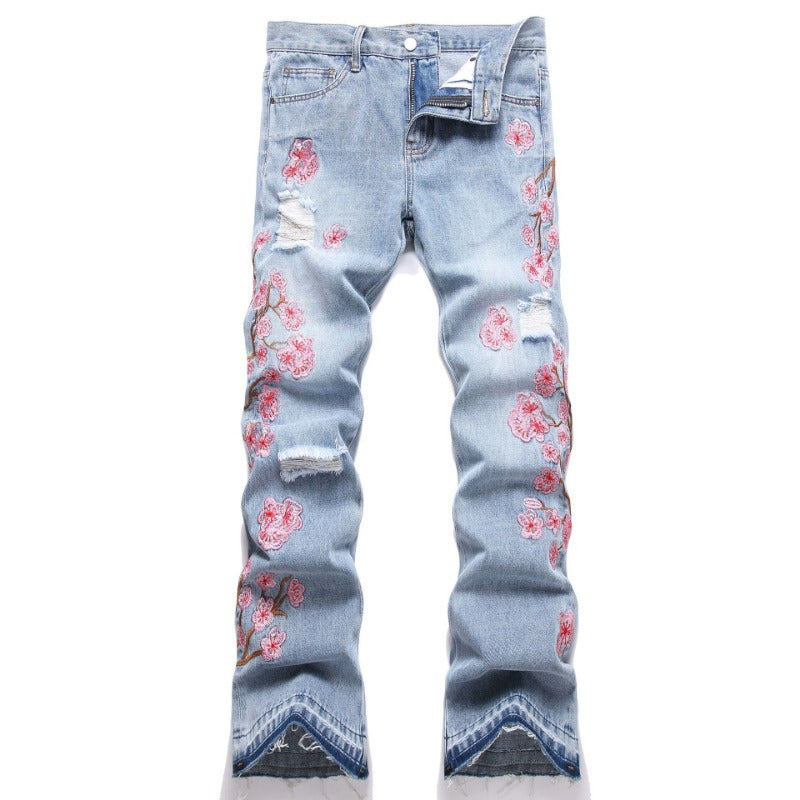 1990 Fashion Jeans Blue Plum Blossom Embroidered Trousers