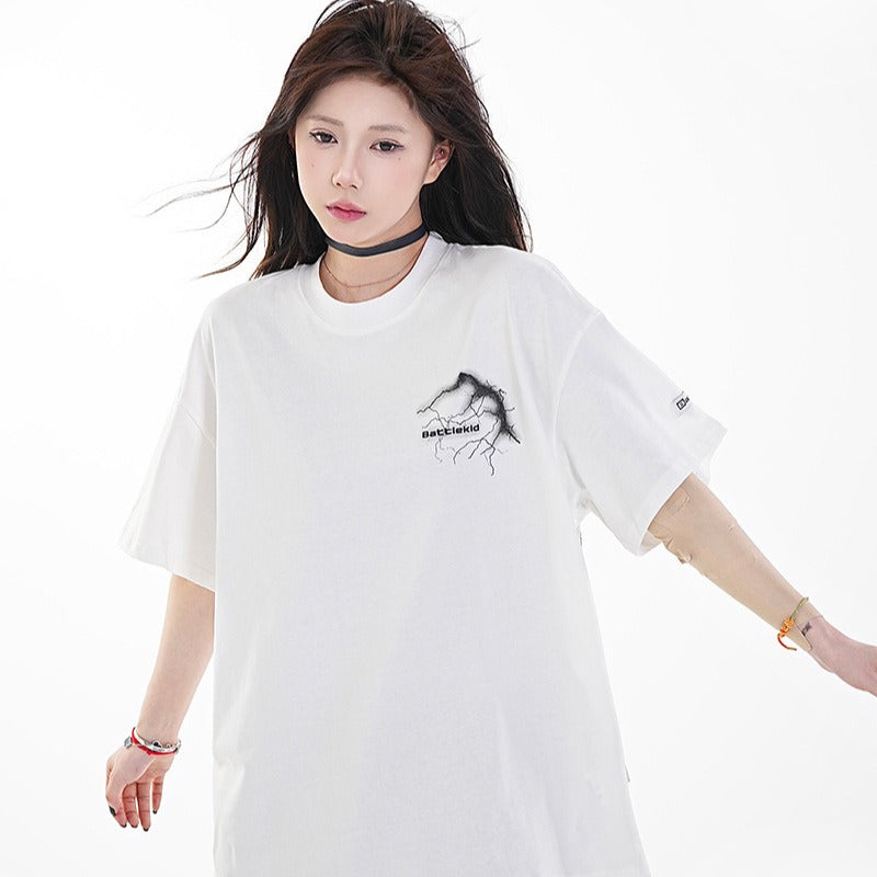 Vintage Tišö Rt Lightning Letter Print Summer Short Sleeve T-Shirt