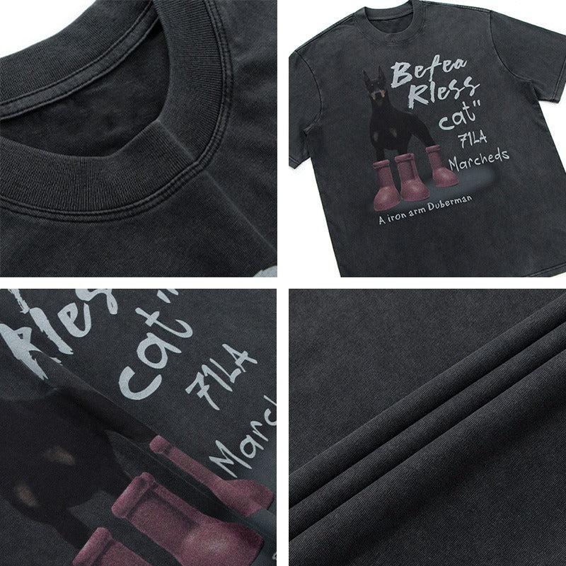 80s And 90s Vintage T Shirts Vintage Washing Water Old Red Boots Puppy Short Sleeve Crew Neck T-Shirt