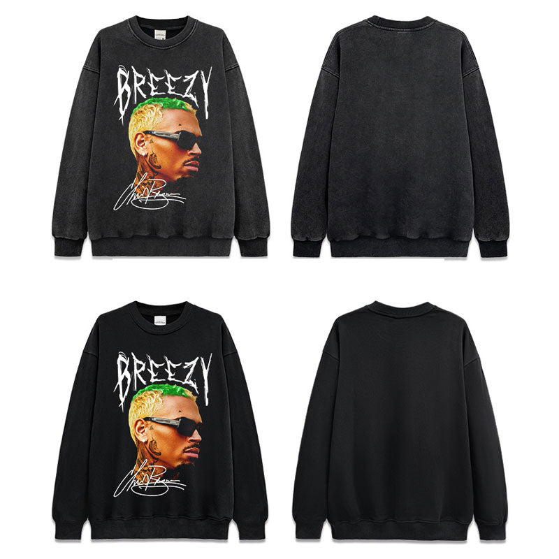 Marcas streetwear usa vintage hip hop Chris Brown print crew neck sweater wash sweater