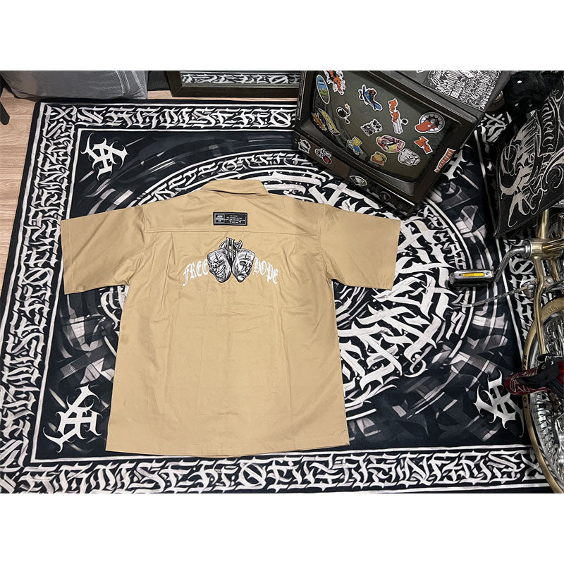 Stone Wash T shirt Clown Mask Embroidery Loose Tooling Shirt Short Sleeve