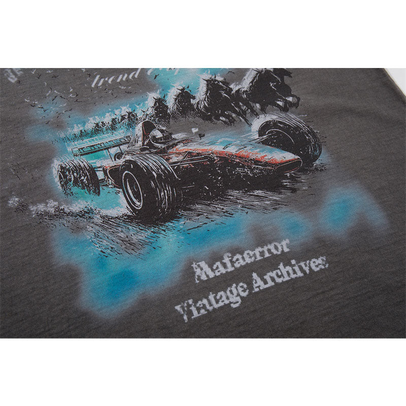 US drip outfits Summer Vintage Racing Pattern Casual Loose Short Sleeve T-Shirts