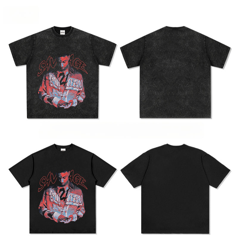 Outfit streetwear vintage hip hop 21 SAVAGE print short sleeve t-shirt