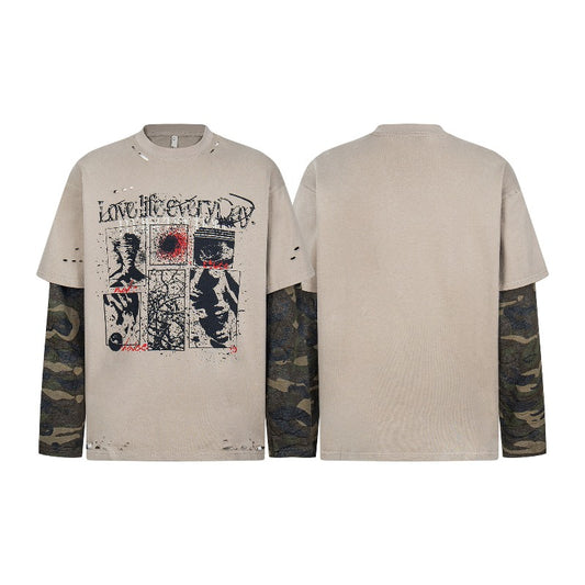 Unisex long-sleeved shirt men's autum camouflage fake two-piece