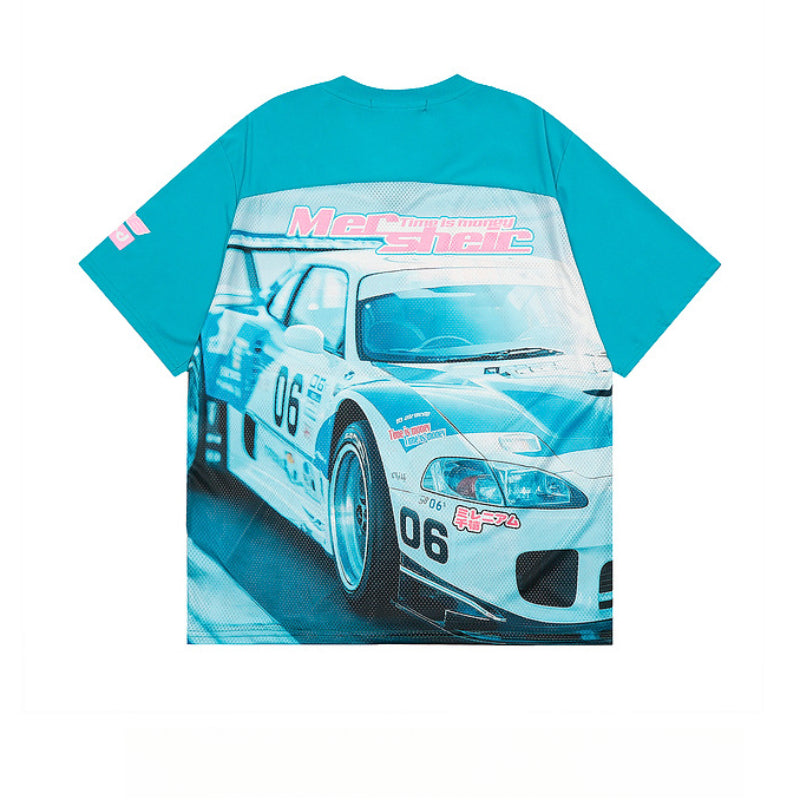 Racing oversized t shirt V-neck racing print mesh shirt T-shirt