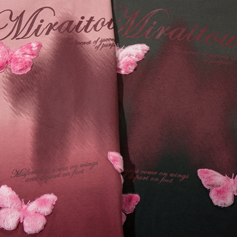 Vintage T Shirts Hip Hop retro gradual change wash water do old long sleeve T-shirt loose butterfly embroidered top