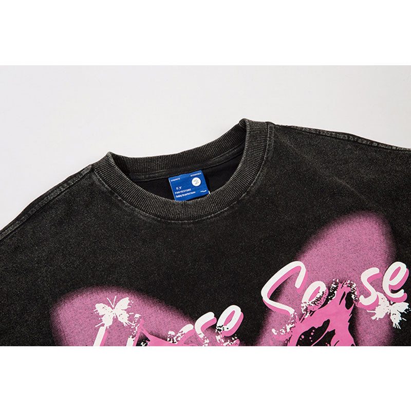 Vintage T Shirts Hip Hop Butterfly Print Washing Water Old Long Sleeve T-Shirt