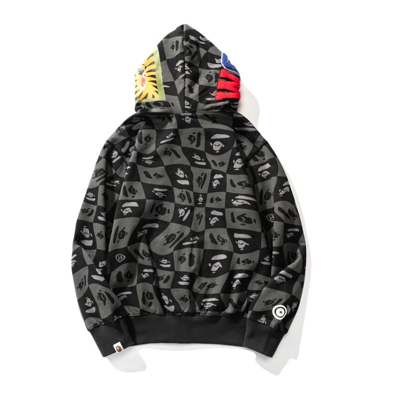 Ape Hoodie Autumn and Winter Ape Shaped Checkered Shark Cardigan Zipper Sweater Jacket