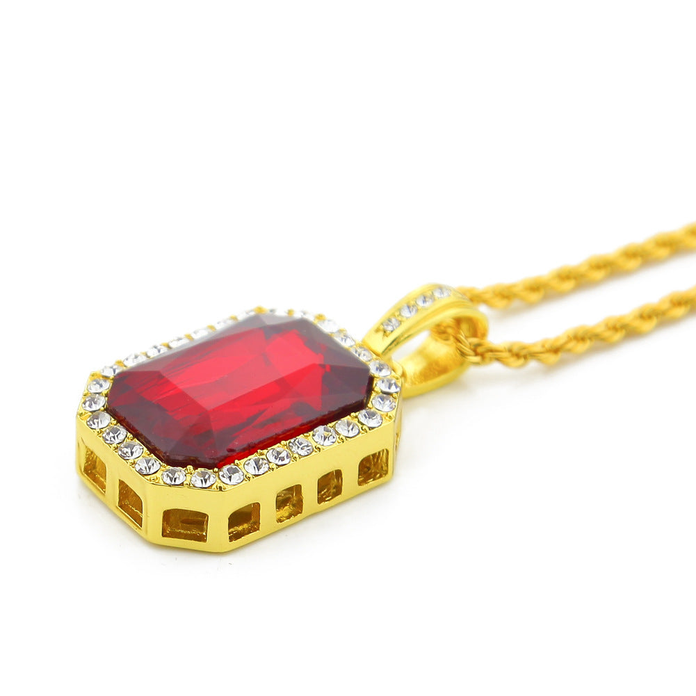 Jewelry Hip Hop Diamond Square Red Treasure Pendant Necklace Spectrum