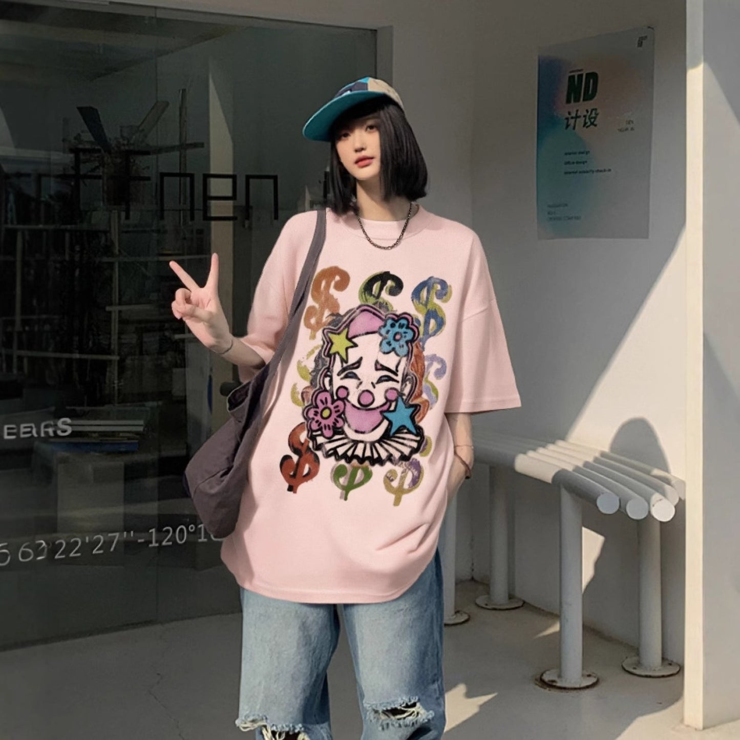 Distorted vintage clown print short sleeve t-shirt summer top