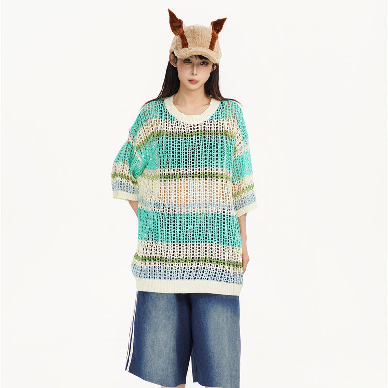 Camisas Retros Striped Contrast Crew Neck Knitted Short Sleeve T-Shirt