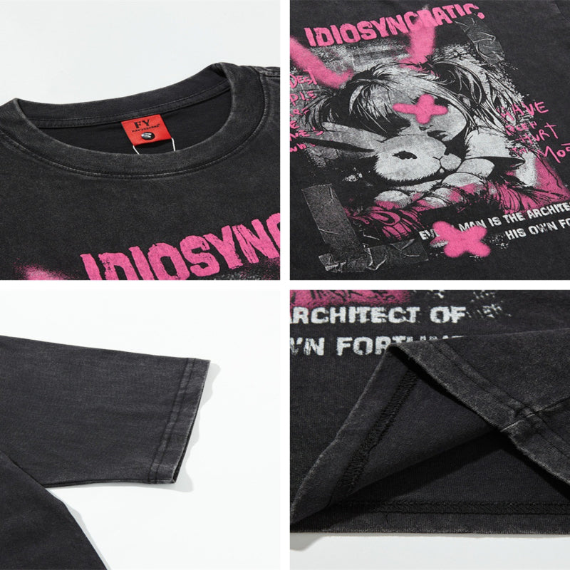 Nyc T Shirt Vintage Washed Cartoon Rabbit Short Sleeve T-Shirt Summer Loose Casual Top