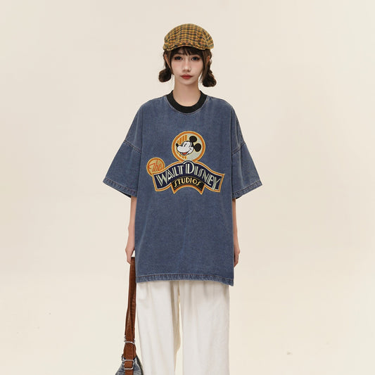 T shirt vintage usa summer retro embroidered tee washed denim short sleeve t-shirt