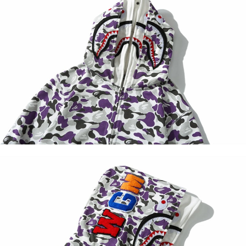 Ape Hoodie Shark with Camo Hooded Cardigan Zip Sweater Double Hat Jacket