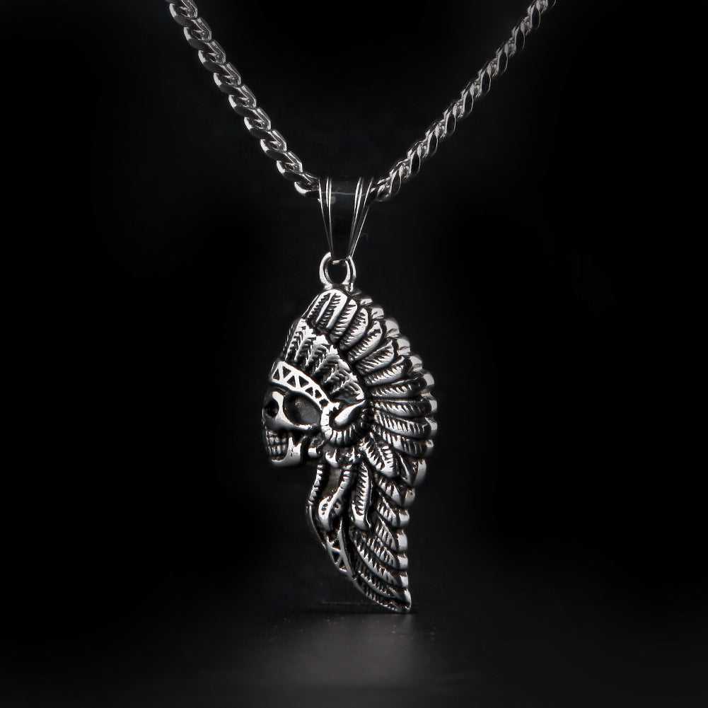 Jewelry Indian Chief Skull Stainless Steel Pendant Necklace