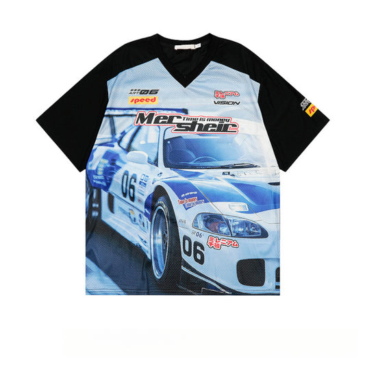 Racing oversized t shirt V-neck racing print mesh shirt T-shirt