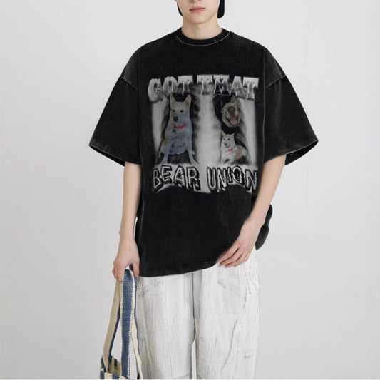 Distorted vintage puppy print crew neck short sleeve t-shirt oversize top