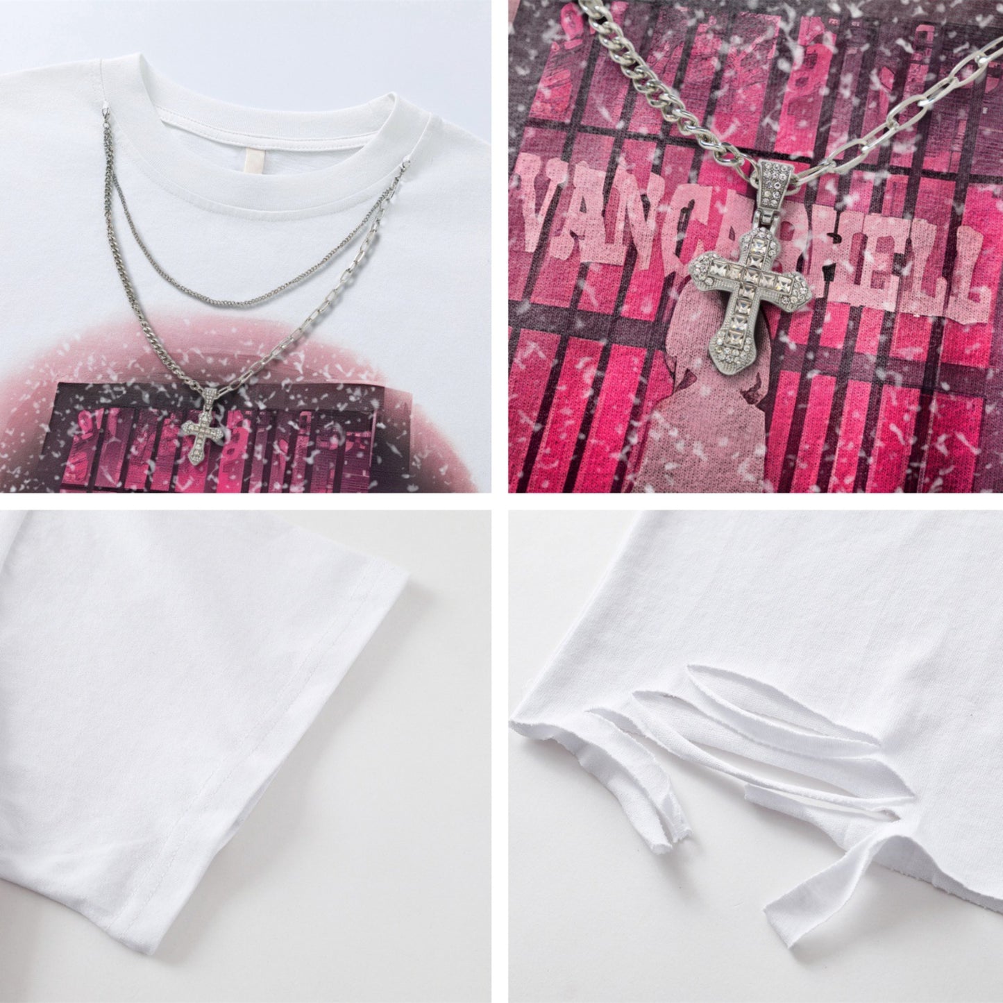 Distorted vintage necklace short sleeve t-shirt summer loose top