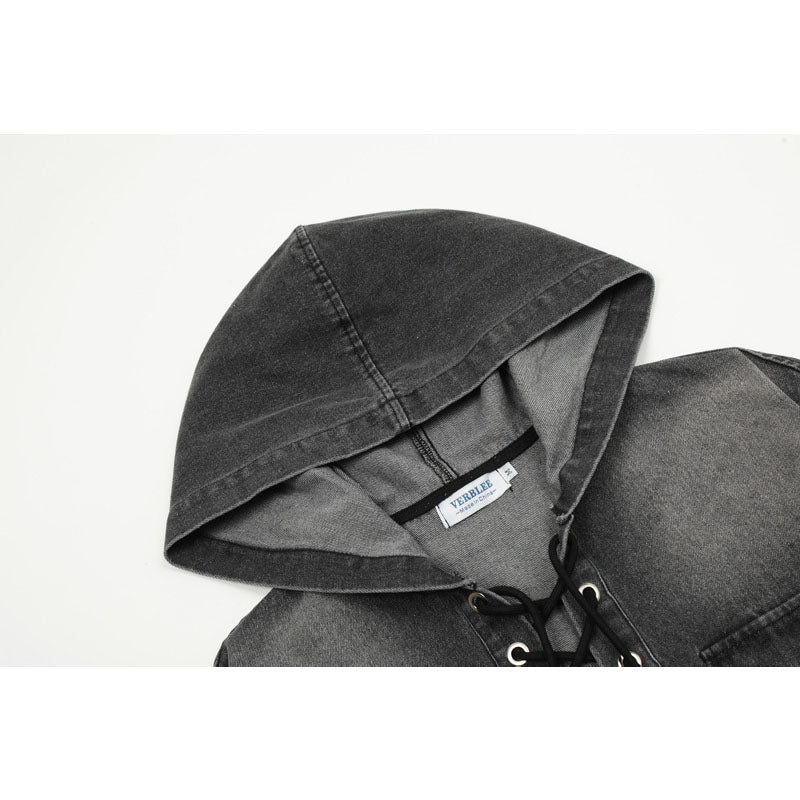 Streetwear Hoodie Hooded Denim Sweater Vintage Washed Old Pullover