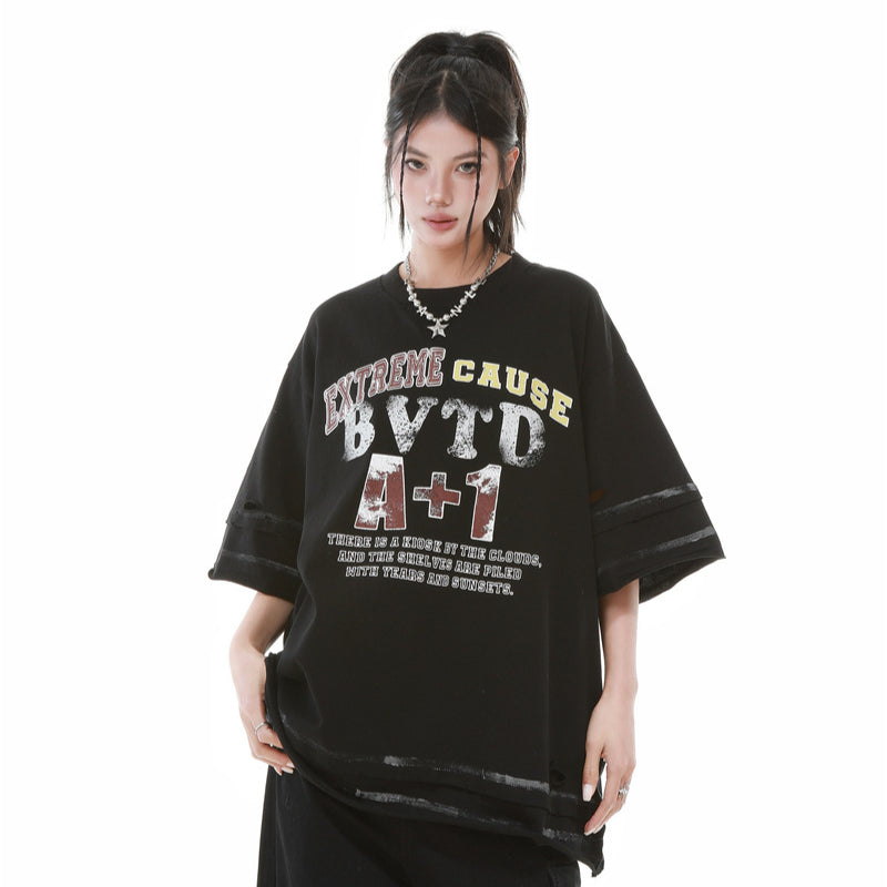 Camisas Retros Washed Old Crew Neck Letter Print Short Sleeve T-Shirt