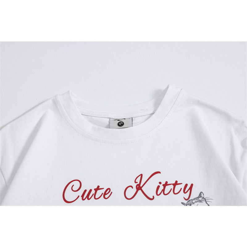Camisetas streetwear Summer Vintage Kitten Butterfly Tassel Casual Loose Short Sleeve T-Shirt