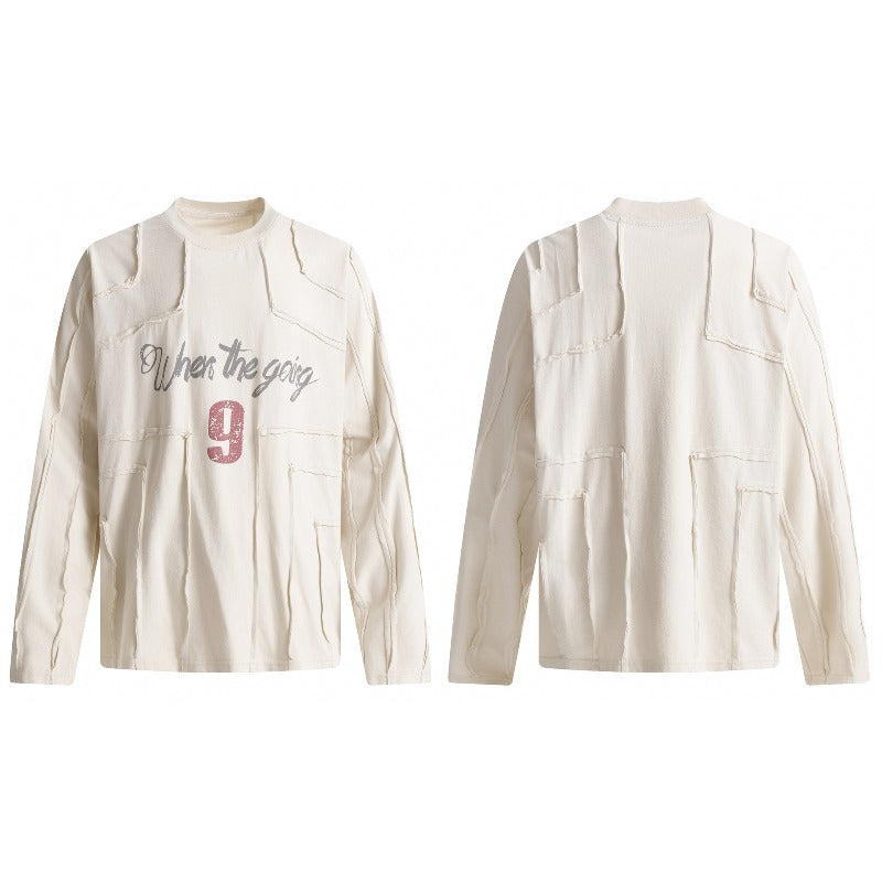 Unisex long-sleeved shirt patchwork raw edges