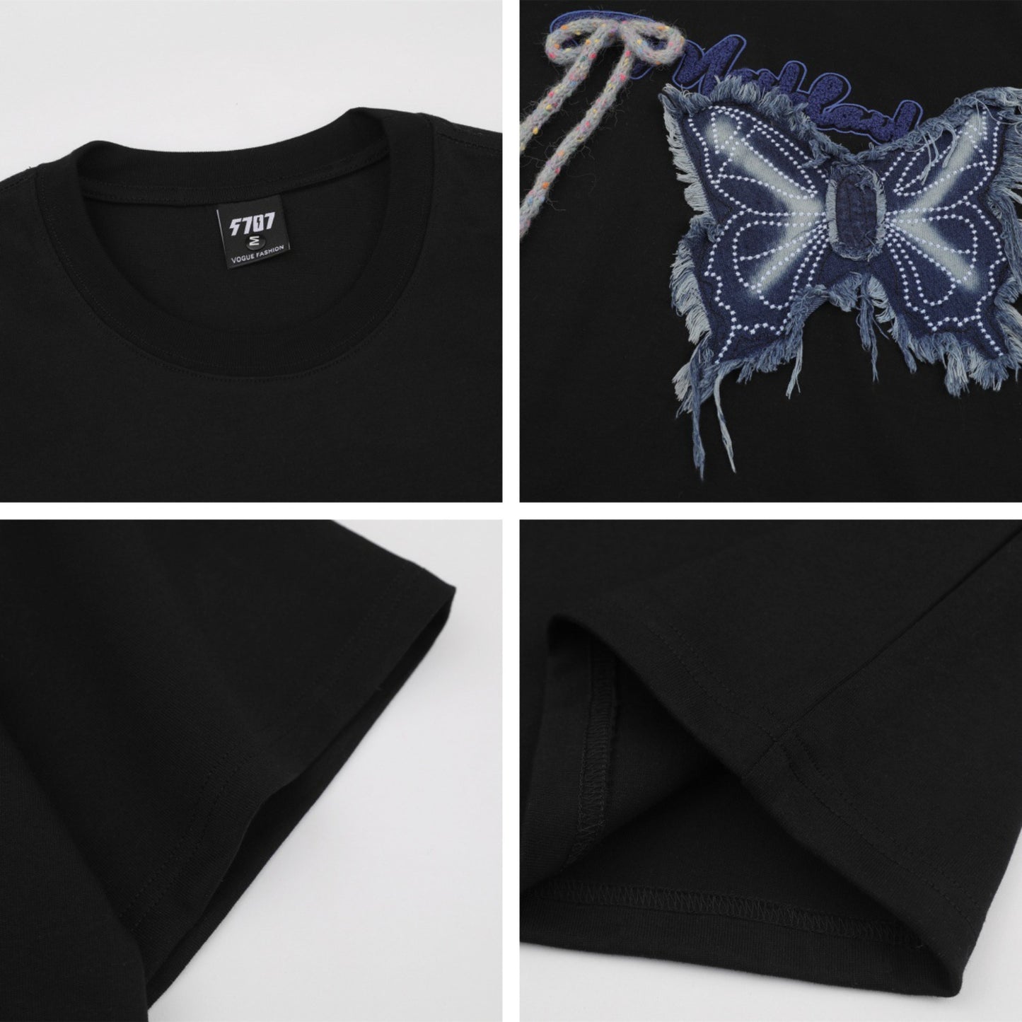 Distorted vintage butterfly embroidered short-sleeved t-shirt