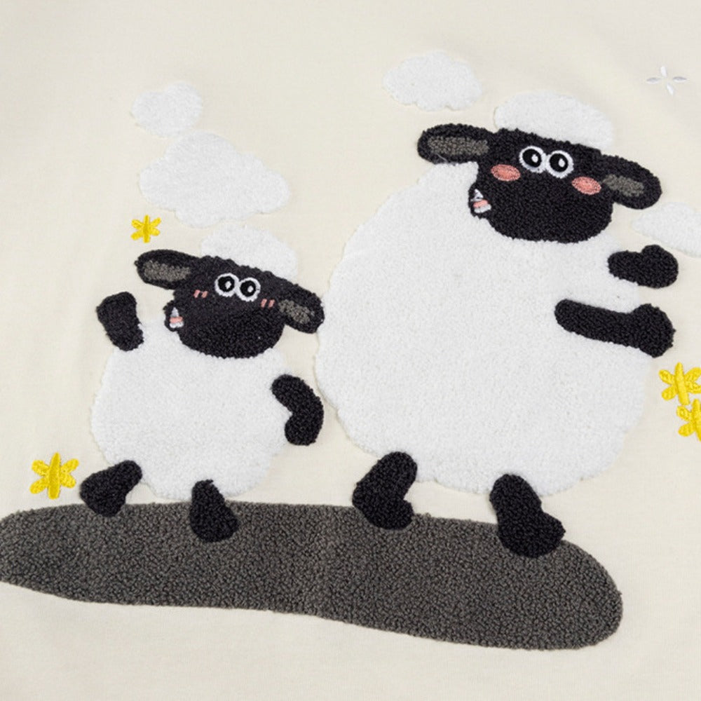New York Hip Hop Style Summer Crew Neck Short Sleeve T-Shirt Lamb Embroidery Print