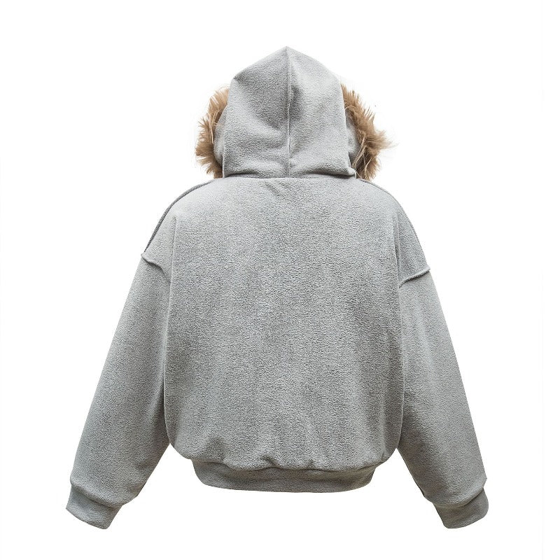 Unisex Down Jacket Winter Fur Collar Vintage Lamb Down Warm Padded Jacket
