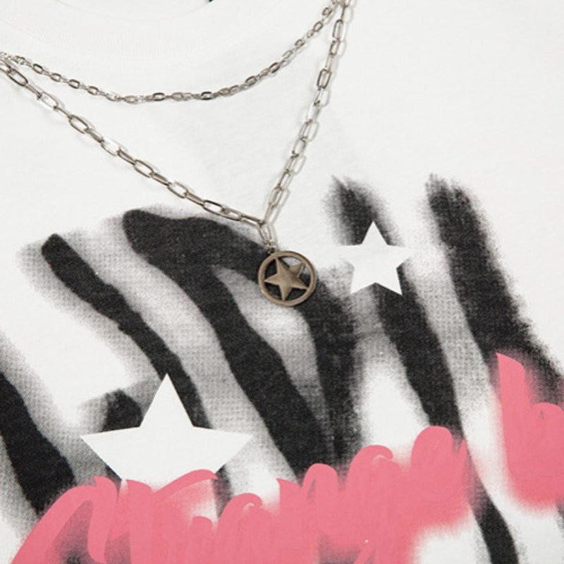 Vintage T Shirts Hip Hop Graffiti Letter Necklace Long Sleeve T-Shirt oversize